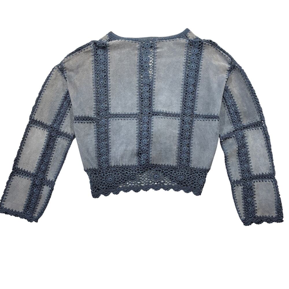 Vintage Overland Jacket Womens 10 Dusty Blue Leather Crochet Patchwork Crop Boho - Picture 2 of 8